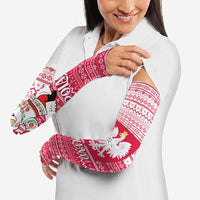 Poland Christmas Arm Sleeves with Santa Riding Stork White Eagle Emblem and Red Snowflake Knit Pattern Design - Wonder Print Shop