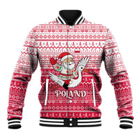 Poland Christmas Baseball Jacket with Santa Riding Stork White Eagle Emblem and Red Snowflake Knit Pattern Design - Wonder Print Shop