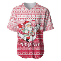 Poland Christmas Baseball Jersey with Santa Riding Stork White Eagle Emblem and Red Snowflake Knit Pattern Design - Wonder Print Shop