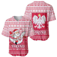 Poland Christmas Baseball Jersey with Santa Riding Stork White Eagle Emblem and Red Snowflake Knit Pattern Design - Wonder Print Shop