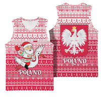 Poland Christmas Basketball Jersey with Santa Riding Stork White Eagle Emblem and Red Snowflake Knit Pattern Design - Wonder Print Shop