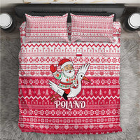Poland Christmas Bedding Set with Santa Riding Stork White Eagle Emblem and Red Snowflake Knit Pattern Design - Wonder Print Shop
