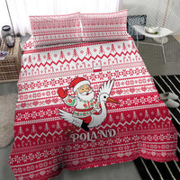 Poland Christmas Bedding Set with Santa Riding Stork White Eagle Emblem and Red Snowflake Knit Pattern Design - Wonder Print Shop