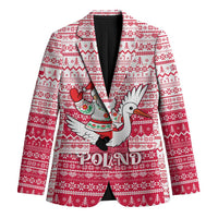 Poland Christmas Blazer with Santa Riding Stork White Eagle Emblem and Red Snowflake Knit Pattern Design - Wonder Print Shop