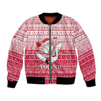 Poland Christmas Bomber Jacket with Santa Riding Stork White Eagle Emblem and Red Snowflake Knit Pattern Design - Wonder Print Shop