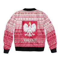 Poland Christmas Bomber Jacket with Santa Riding Stork White Eagle Emblem and Red Snowflake Knit Pattern Design - Wonder Print Shop