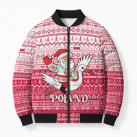 Poland Christmas Bomber Puffer Jacket with Santa Riding Stork White Eagle Emblem and Red Snowflake Knit Pattern Design - Wonder Print Shop