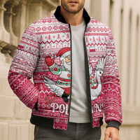 Poland Christmas Bomber Puffer Jacket with Santa Riding Stork White Eagle Emblem and Red Snowflake Knit Pattern Design - Wonder Print Shop