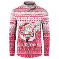 Poland Christmas Button Sweatshirt with Santa Riding Stork White Eagle Emblem and Red Snowflake Knit Pattern Design - Wonder Print Shop