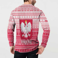 Poland Christmas Button Sweatshirt with Santa Riding Stork White Eagle Emblem and Red Snowflake Knit Pattern Design - Wonder Print Shop