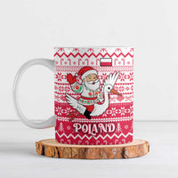 Poland Christmas Ceramic Mug with Santa Riding Stork White Eagle Emblem and Red Snowflake Knit Pattern Design - Wonder Print Shop