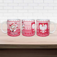 Poland Christmas Ceramic Mug with Santa Riding Stork White Eagle Emblem and Red Snowflake Knit Pattern Design - Wonder Print Shop
