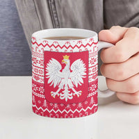 Poland Christmas Ceramic Mug with Santa Riding Stork White Eagle Emblem and Red Snowflake Knit Pattern Design - Wonder Print Shop