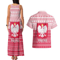 Poland Christmas Couples Matching Tank Maxi Dress and Hawaiian Shirt with Santa Riding Stork White Eagle Emblem and Red Snowflake Knit Pattern Design - Wonder Print Shop