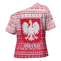 Poland Christmas Cross Shoulder Shirt with Santa Riding Stork White Eagle Emblem and Red Snowflake Knit Pattern Design - Wonder Print Shop
