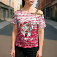 Poland Christmas Cross Shoulder Shirt with Santa Riding Stork White Eagle Emblem and Red Snowflake Knit Pattern Design - Wonder Print Shop