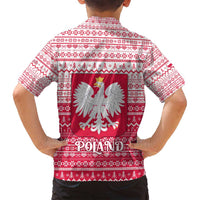 Poland Christmas Family Matching Long Sleeve Bodycon Dress and Hawaiian Shirt with Santa Riding Stork White Eagle Emblem and Red Snowflake Knit Pattern Design - Wonder Print Shop