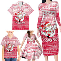Poland Christmas Family Matching Long Sleeve Bodycon Dress and Hawaiian Shirt with Santa Riding Stork White Eagle Emblem and Red Snowflake Knit Pattern Design - Wonder Print Shop