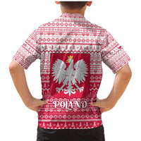 Poland Christmas Family Matching Mermaid Dress and Hawaiian Shirt with Santa Riding Stork White Eagle Emblem and Red Snowflake Knit Pattern Design - Wonder Print Shop