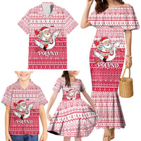 Poland Christmas Family Matching Mermaid Dress and Hawaiian Shirt with Santa Riding Stork White Eagle Emblem and Red Snowflake Knit Pattern Design - Wonder Print Shop