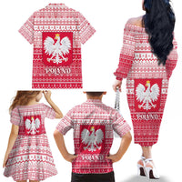 Poland Christmas Family Matching Off The Shoulder Long Sleeve Dress and Hawaiian Shirt with Santa Riding Stork White Eagle Emblem and Red Snowflake Knit Pattern Design - Wonder Print Shop