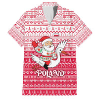 Poland Christmas Family Matching Off The Shoulder Long Sleeve Dress and Hawaiian Shirt with Santa Riding Stork White Eagle Emblem and Red Snowflake Knit Pattern Design - Wonder Print Shop