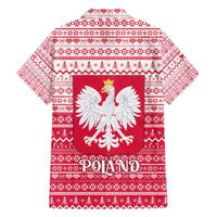 Poland Christmas Family Matching Off The Shoulder Long Sleeve Dress and Hawaiian Shirt with Santa Riding Stork White Eagle Emblem and Red Snowflake Knit Pattern Design - Wonder Print Shop