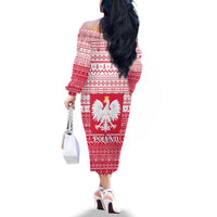 Poland Christmas Family Matching Off The Shoulder Long Sleeve Dress and Hawaiian Shirt with Santa Riding Stork White Eagle Emblem and Red Snowflake Knit Pattern Design - Wonder Print Shop