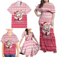 Poland Christmas Family Matching Off Shoulder Maxi Dress and Hawaiian Shirt with Santa Riding Stork White Eagle Emblem and Red Snowflake Knit Pattern Design - Wonder Print Shop