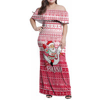 Poland Christmas Family Matching Off Shoulder Maxi Dress and Hawaiian Shirt with Santa Riding Stork White Eagle Emblem and Red Snowflake Knit Pattern Design - Wonder Print Shop