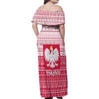 Poland Christmas Family Matching Off Shoulder Maxi Dress and Hawaiian Shirt with Santa Riding Stork White Eagle Emblem and Red Snowflake Knit Pattern Design - Wonder Print Shop