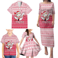 Poland Christmas Family Matching Puletasi and Hawaiian Shirt with Santa Riding Stork White Eagle Emblem and Red Snowflake Knit Pattern Design - Wonder Print Shop