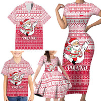 Poland Christmas Family Matching Short Sleeve Bodycon Dress and Hawaiian Shirt with Santa Riding Stork White Eagle Emblem and Red Snowflake Knit Pattern Design - Wonder Print Shop
