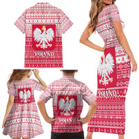 Poland Christmas Family Matching Short Sleeve Bodycon Dress and Hawaiian Shirt with Santa Riding Stork White Eagle Emblem and Red Snowflake Knit Pattern Design - Wonder Print Shop