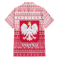 Poland Christmas Family Matching Short Sleeve Bodycon Dress and Hawaiian Shirt with Santa Riding Stork White Eagle Emblem and Red Snowflake Knit Pattern Design - Wonder Print Shop