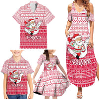 Poland Christmas Family Matching Summer Maxi Dress and Hawaiian Shirt with Santa Riding Stork White Eagle Emblem and Red Snowflake Knit Pattern Design - Wonder Print Shop