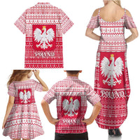 Poland Christmas Family Matching Summer Maxi Dress and Hawaiian Shirt with Santa Riding Stork White Eagle Emblem and Red Snowflake Knit Pattern Design - Wonder Print Shop