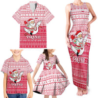 Poland Christmas Family Matching Tank Maxi Dress and Hawaiian Shirt with Santa Riding Stork White Eagle Emblem and Red Snowflake Knit Pattern Design - Wonder Print Shop