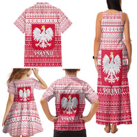 Poland Christmas Family Matching Tank Maxi Dress and Hawaiian Shirt with Santa Riding Stork White Eagle Emblem and Red Snowflake Knit Pattern Design - Wonder Print Shop