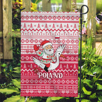 Poland Christmas Garden Flag with Santa Riding Stork White Eagle Emblem and Red Snowflake Knit Pattern Design - Wonder Print Shop
