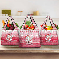 Poland Christmas Grocery Bag with Santa Riding Stork White Eagle Emblem and Red Snowflake Knit Pattern Design - Wonder Print Shop