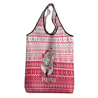 Poland Christmas Grocery Bag with Santa Riding Stork White Eagle Emblem and Red Snowflake Knit Pattern Design - Wonder Print Shop