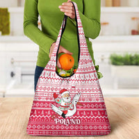 Poland Christmas Grocery Bag with Santa Riding Stork White Eagle Emblem and Red Snowflake Knit Pattern Design - Wonder Print Shop