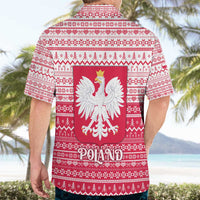 Poland Christmas Hawaiian Shirt with Santa Riding Stork White Eagle Emblem and Red Snowflake Knit Pattern Design - Wonder Print Shop