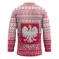 Poland Christmas Hockey Jersey with Santa Riding Stork White Eagle Emblem and Red Snowflake Knit Pattern Design - Wonder Print Shop