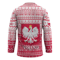 Poland Christmas Hockey Jersey with Santa Riding Stork White Eagle Emblem and Red Snowflake Knit Pattern Design - Wonder Print Shop