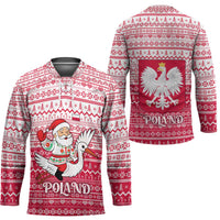 Poland Christmas Hockey Jersey with Santa Riding Stork White Eagle Emblem and Red Snowflake Knit Pattern Design - Wonder Print Shop