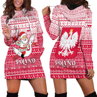 Poland Christmas Hoodie Dress with Santa Riding Stork White Eagle Emblem and Red Snowflake Knit Pattern Design - Wonder Print Shop