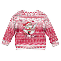 Poland Christmas Kid Ugly Christmas Sweater with Santa Riding Stork White Eagle Emblem and Red Snowflake Knit Pattern Design - Wonder Print Shop
