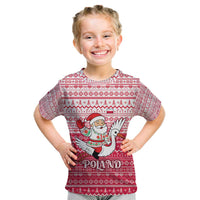 Poland Christmas Kid T Shirt with Santa Riding Stork White Eagle Emblem and Red Snowflake Knit Pattern Design - Wonder Print Shop